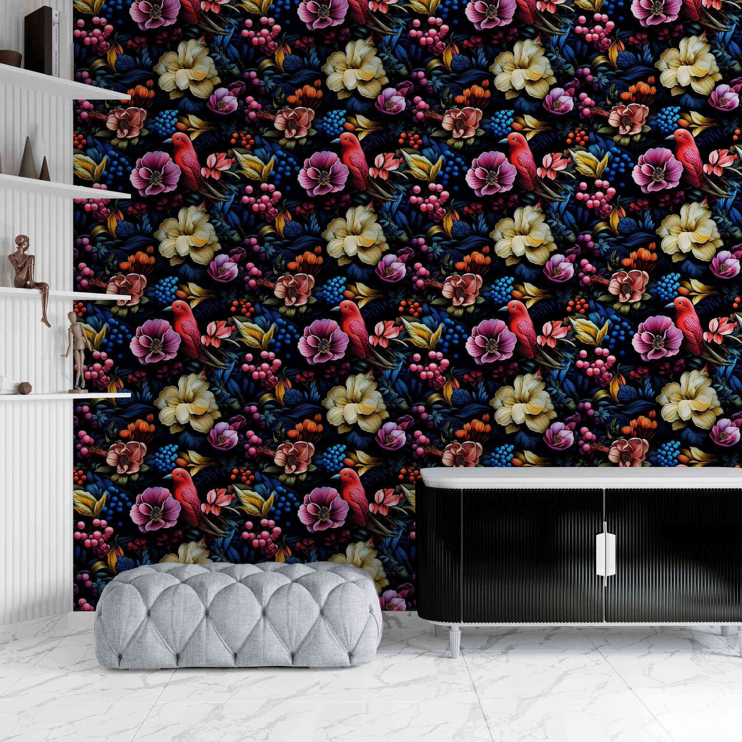 Shadowed floral elegance emerges in this Peel and Stick Wallpaper, where dark beauty meets botanical grace.
