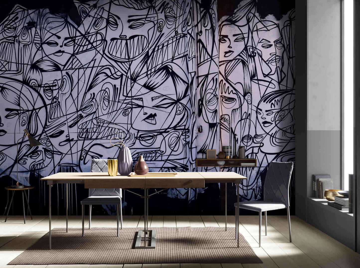 Shadowed graffiti art mural in black and white for an edgy room makeover.