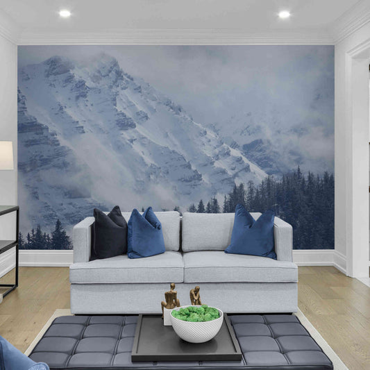 Snowy mountains wall mural for living room, featuring a stunning winter landscape of snow-covered mountains.