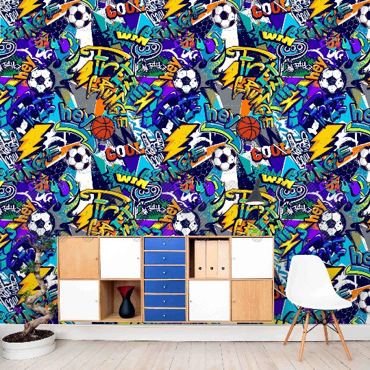 A vibrant splash of sport-inspired graffiti, energizing bedrooms with sporty street art.