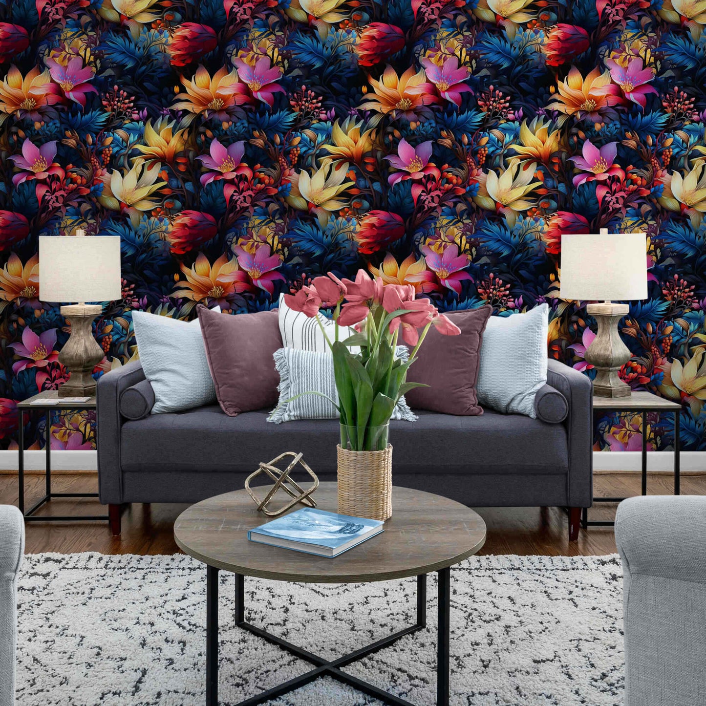 Chic sticky wallpaper enhancing the living room with its stylish and modern design, perfect for a quick and impactful decor update.