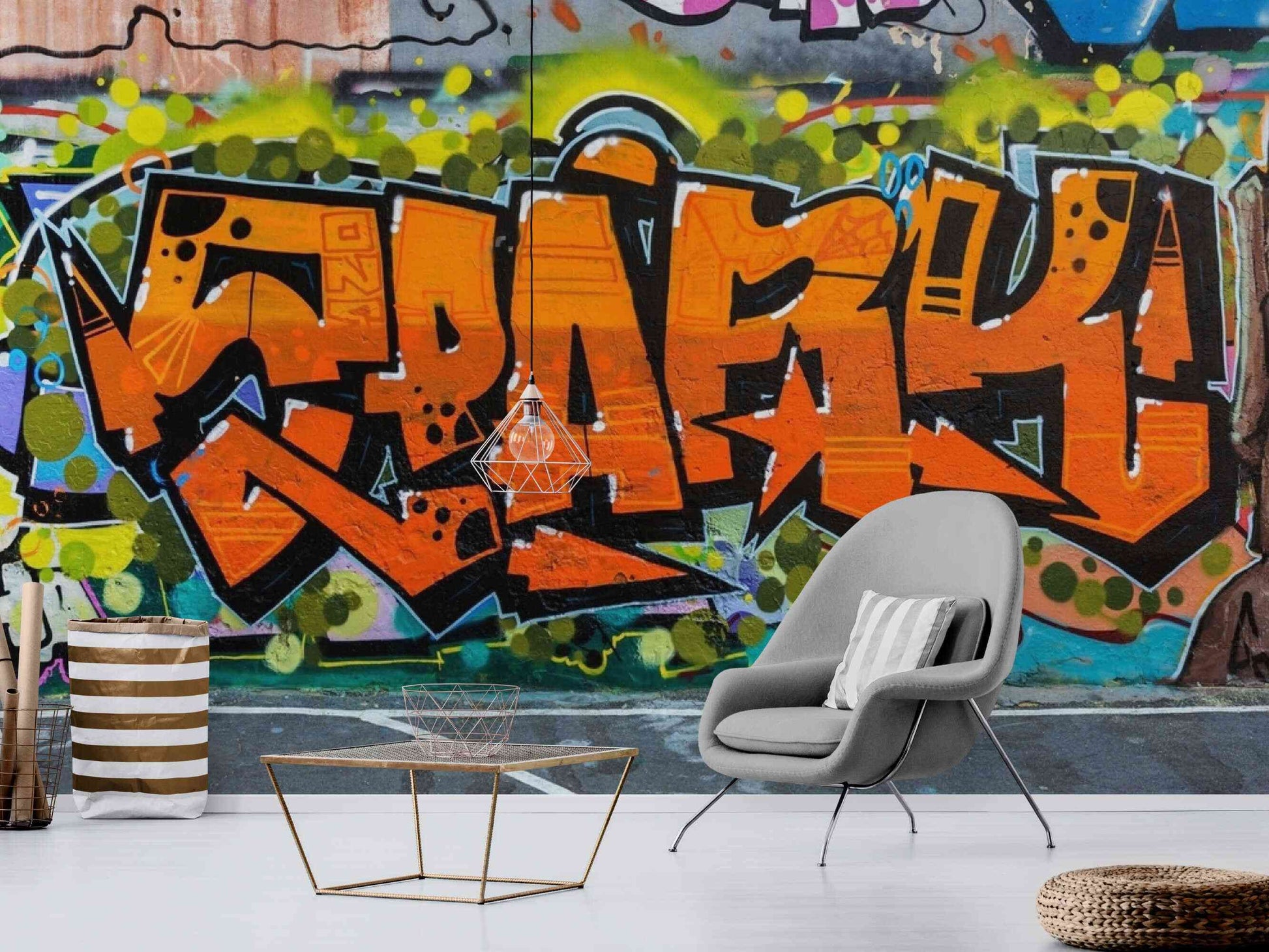An image of a wallpaper with a street art graffiti design in various colors, including shades of orange, grey, black and yellow. The design features bold shapes, lines, and lettering, resembling traditional graffiti art. The wallpaper depicts a photograph of a graffiti wall, making it appear as if the design is painted directly onto the wall.