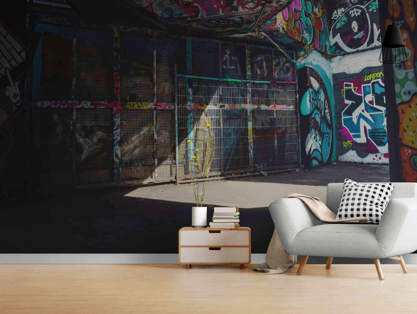 Colorful living room makeover with easy-to-apply graffiti wallpaper.