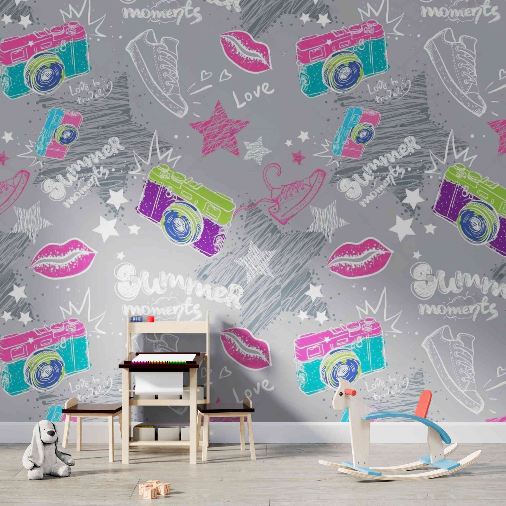 Summer Moments Wallpaper featuring playful designs like retro cameras, stars, sneakers, and love motifs in bright colors, perfect for kids' rooms and playrooms. Peel and stick or traditional.