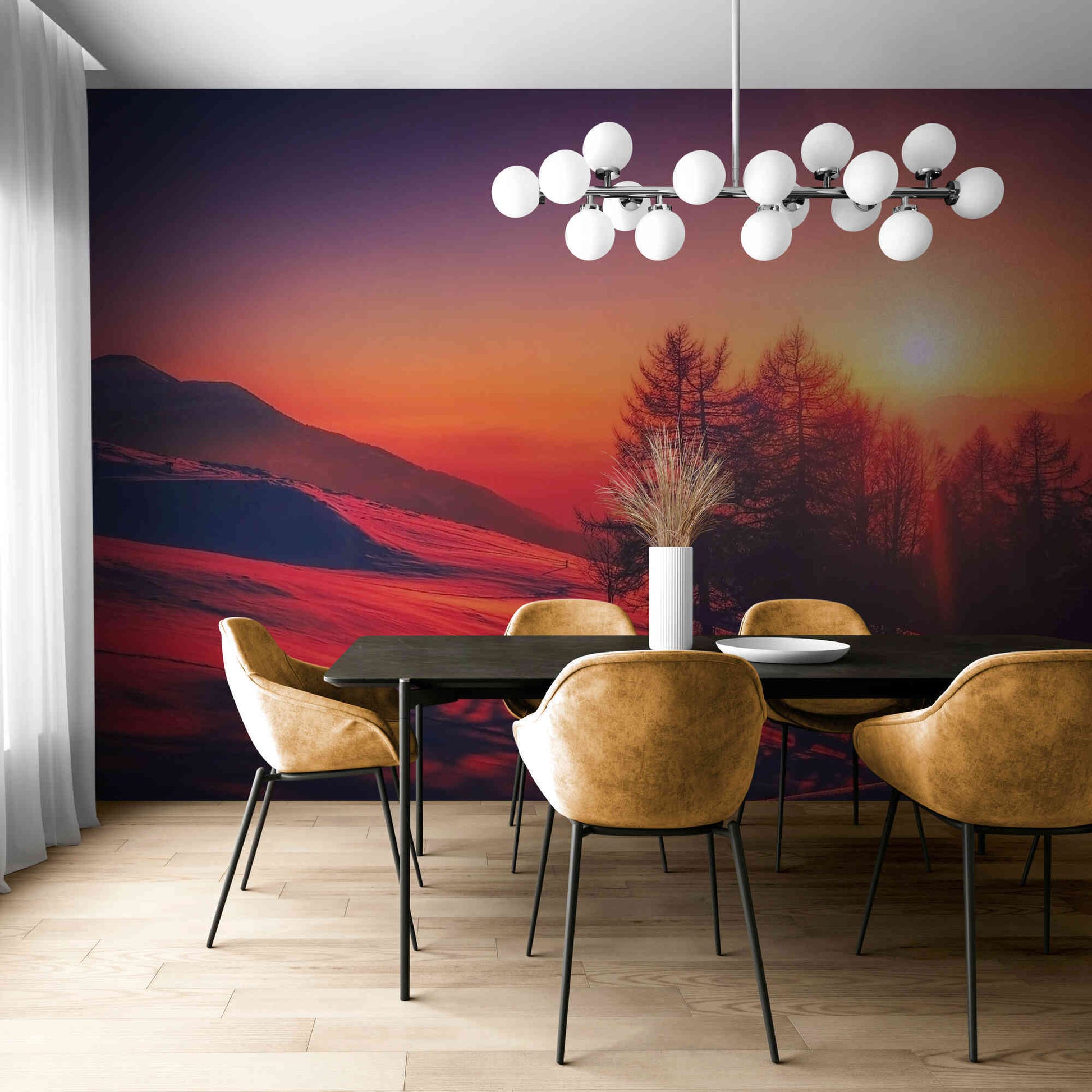 Sunset peak serenity in our Peel and Stick Wallpaper, offering a tranquil mountain vista for any space.