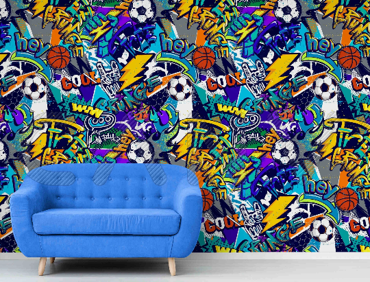 Dynamic basketball imagery melds with graffiti style in this sporty bedroom wallpaper mural.