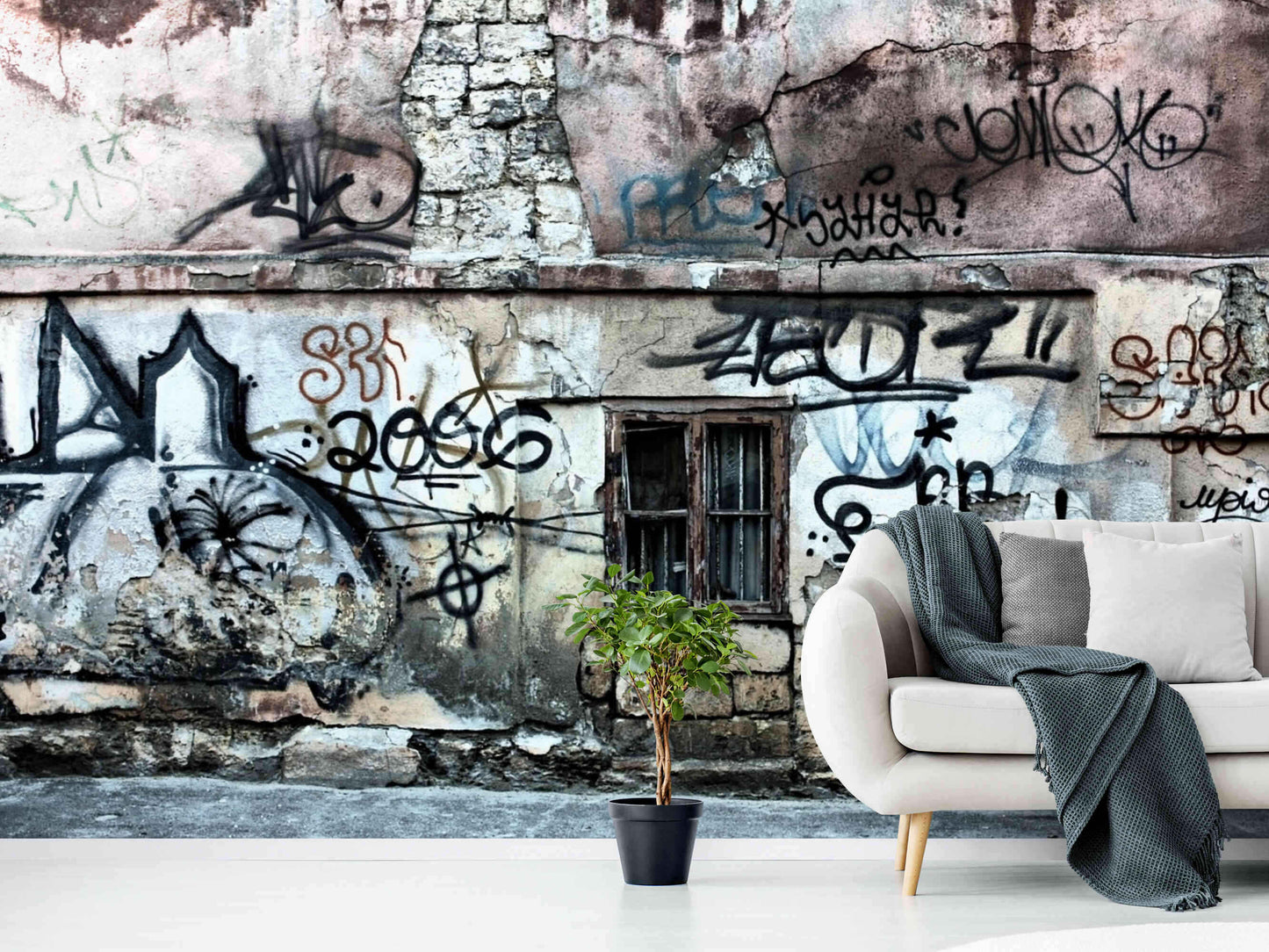 Textured Graffiti Wallpaper" featuring realistic urban wall art for a bold room makeover.