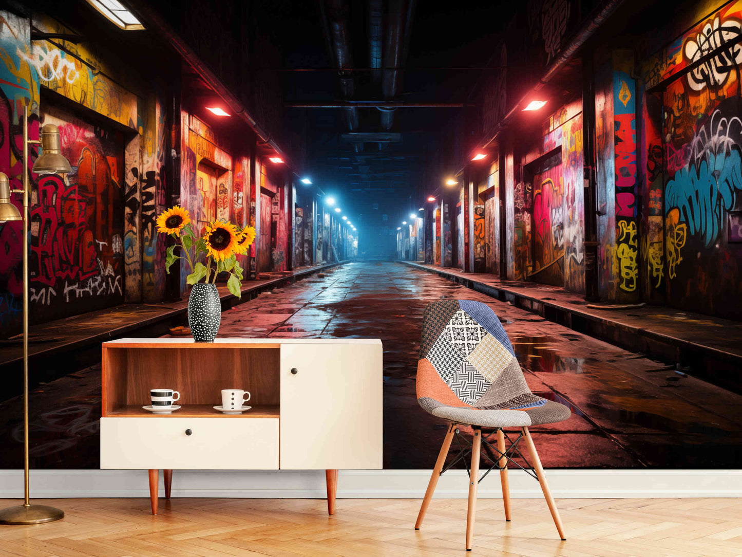Twilight meets neon in this urban landscape wallpaper, blending day and night in a stunning mural