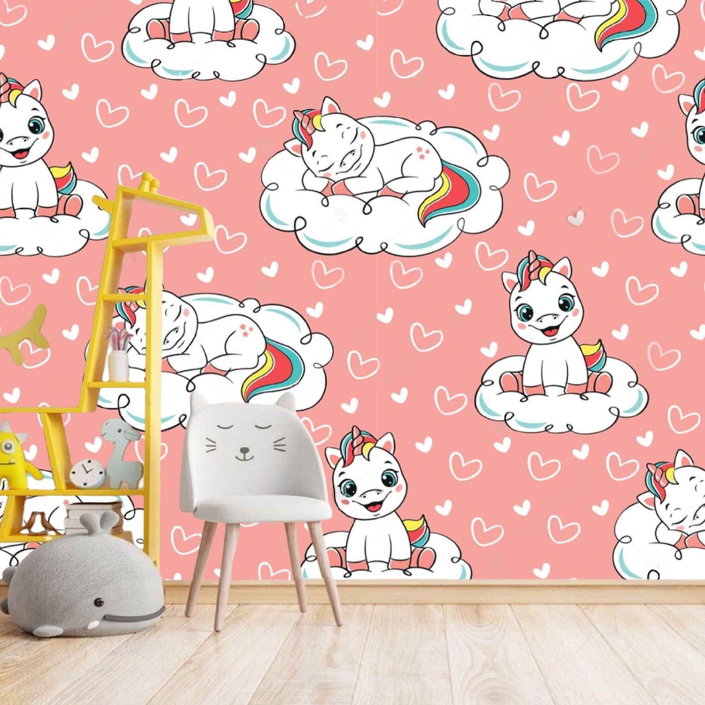 Magical unicorn wallpaper in a baby girl's nursery, creating an enchanting atmosphere.