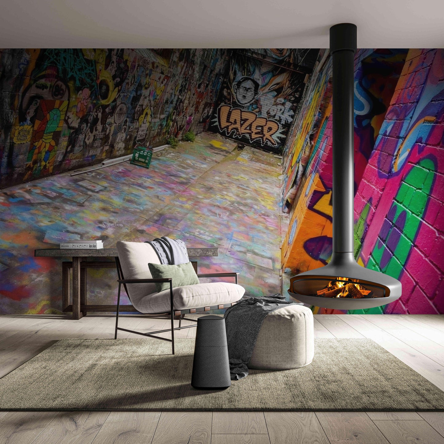 "Explosive urban art captured in a street graffiti wall mural, bringing the city's vibrancy indoors.