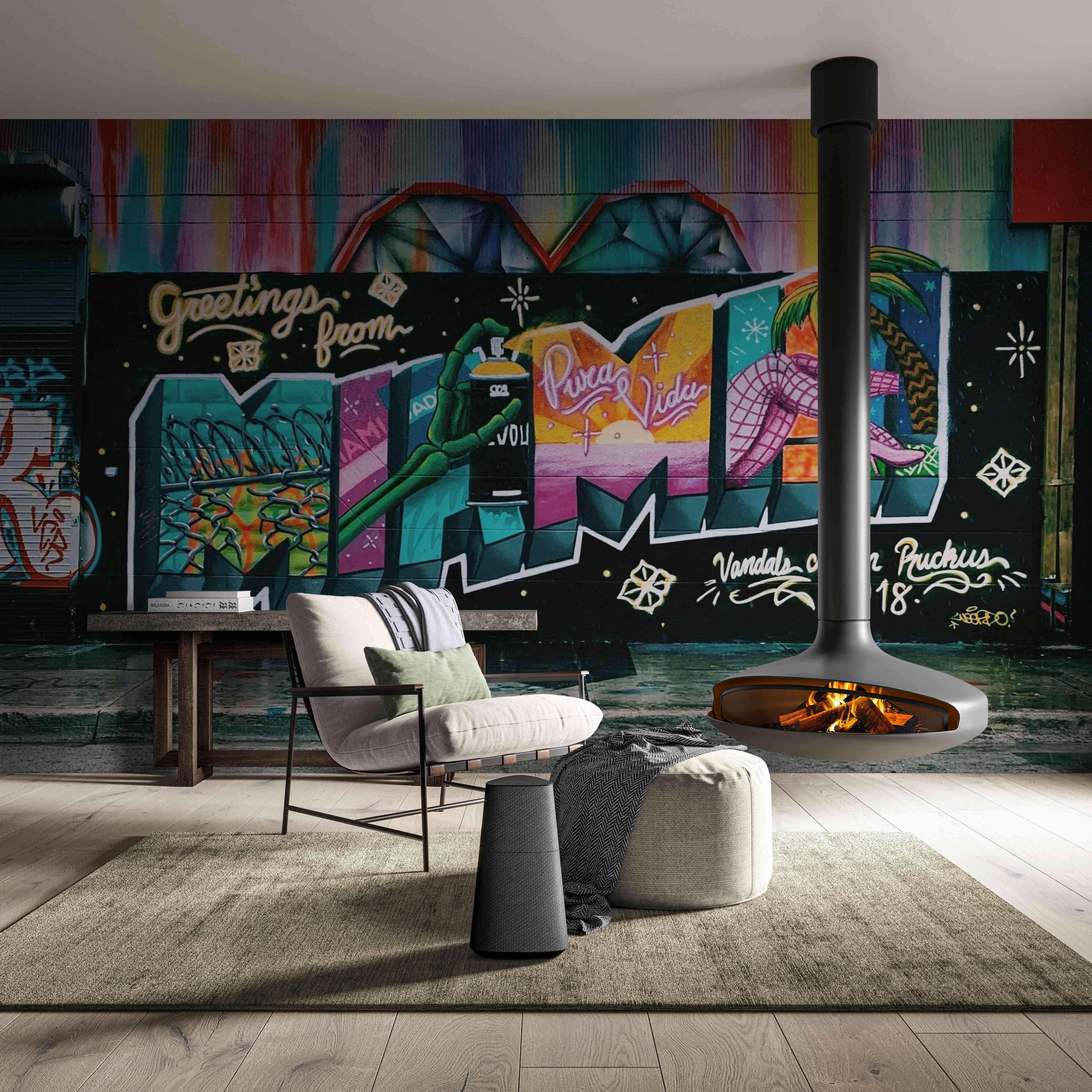 Urban art graffiti peel and stick wallpaper for modern living room walls.