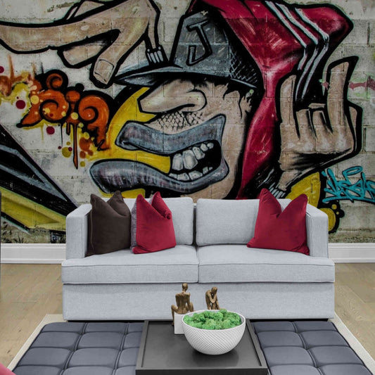 The essence of rap music captured in an urban beats graffiti wall mural, perfect for music enthusiasts.