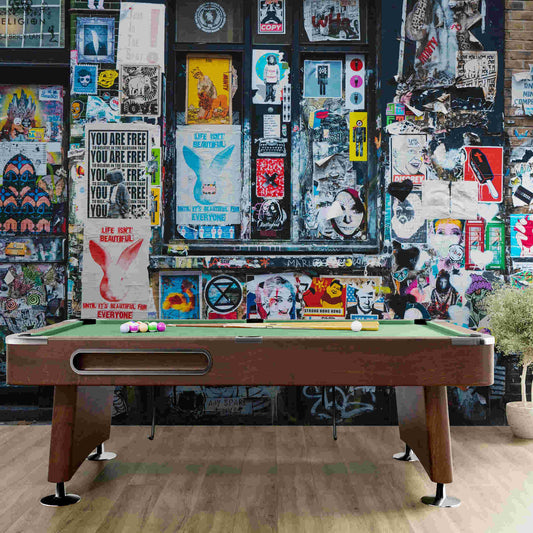 Vibrant Urban Graffiti Art Wallpaper enhancing a trendy living room space