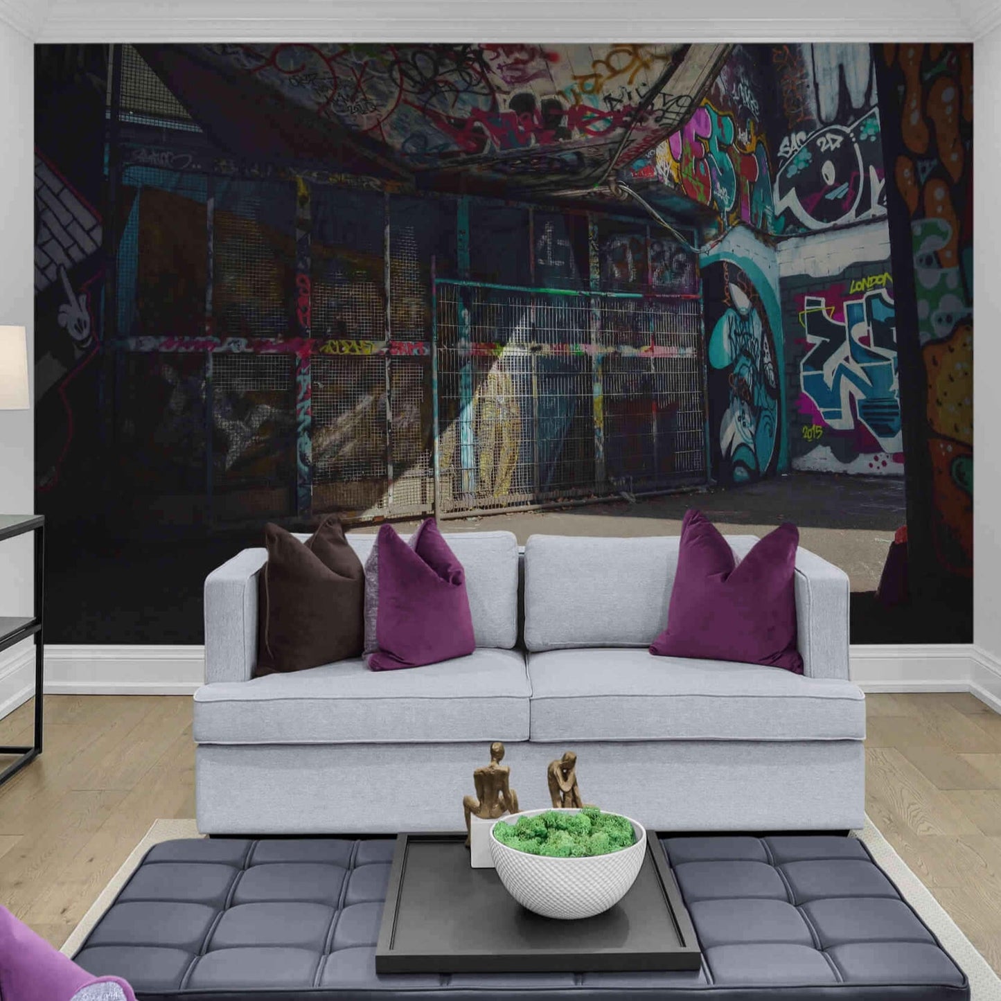 Vibrant peel and stick graffiti wallpaper transforming living room ambiance.