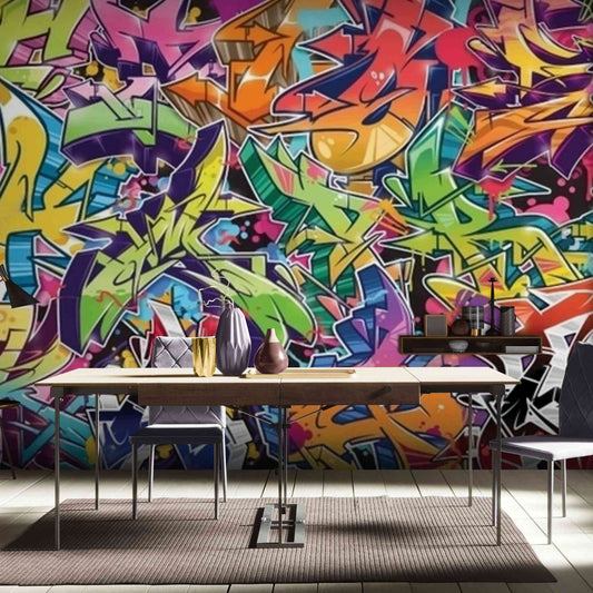 Striking urban graffiti design featured in a wallpaper mural