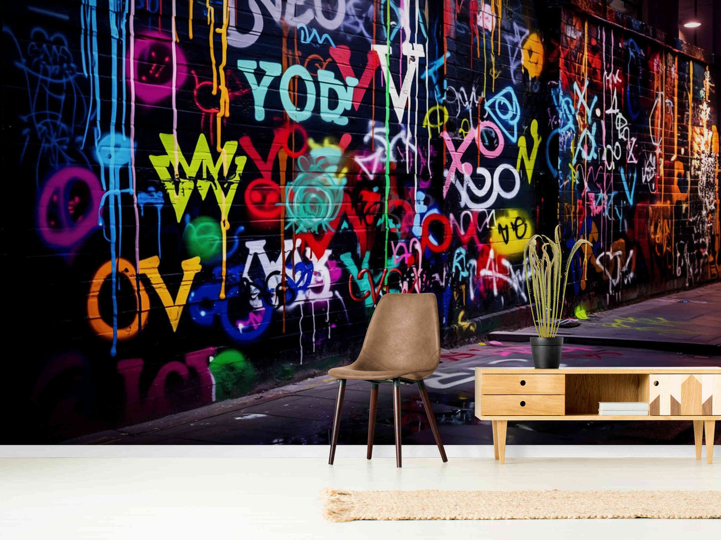 Urban artistry meets neon brilliance in this graffiti wall mural, lighting up spaces with dynamic colors.