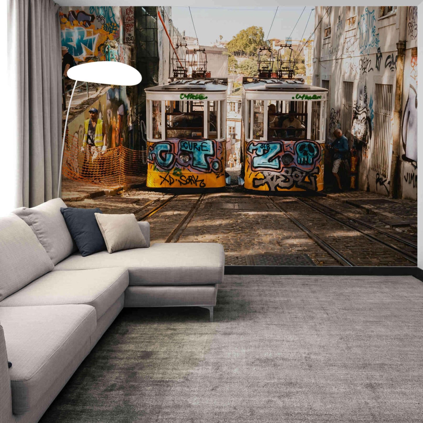Colorful graffiti on street vehicles mural wallpaper enhancing room ambiance.