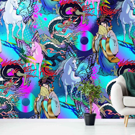 Vibrant anime unicorn surrounded by colorful cartoon graffiti in a wallpaper mural