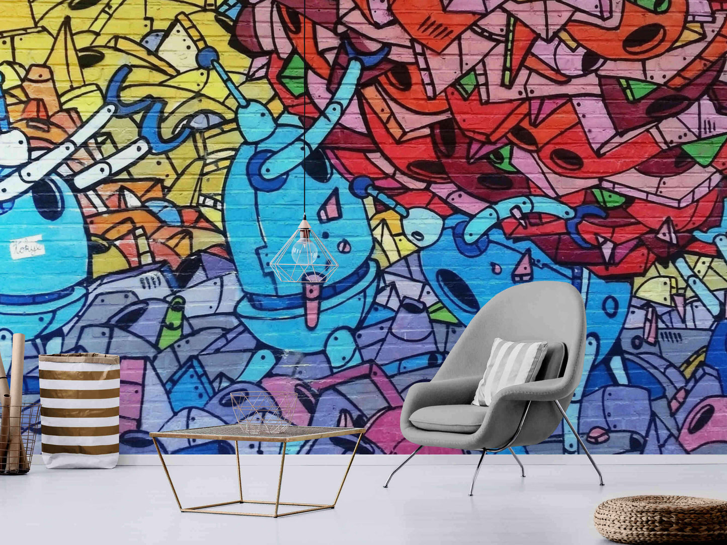 Vibrant graffiti wall art transforming a bedroom into a creative sanctuary.