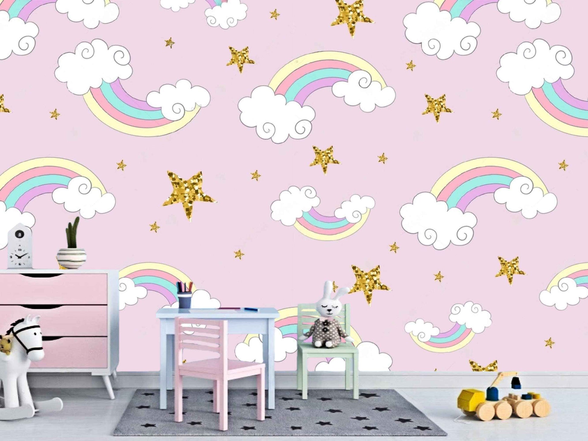 Vibrant rainbow pattern wallpaper, adding a pop of color and whimsy to the space.