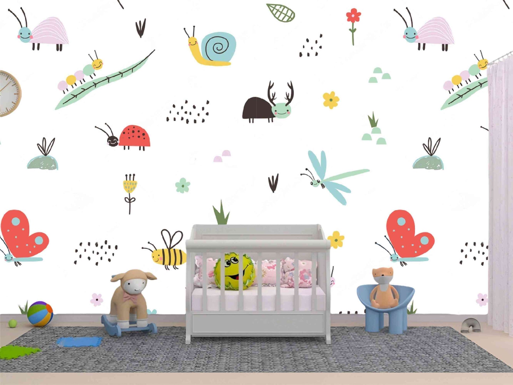 Whimsical bug wallpaper - delightful illustrations for a playful nursery.