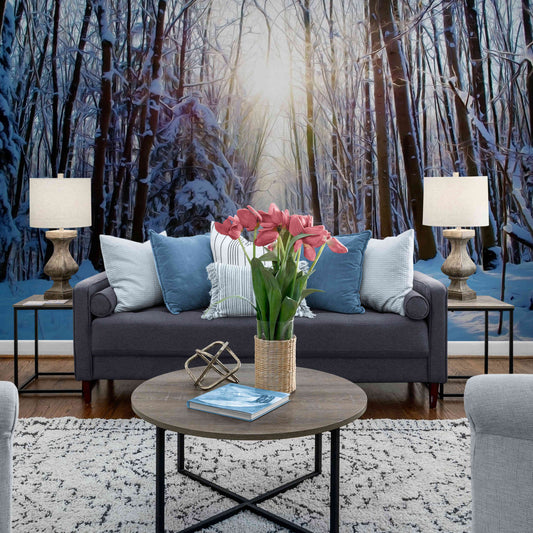 Winter wonderland mural, featuring a picturesque snow tree scene for a peaceful room ambiance.