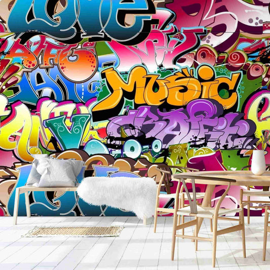 A close-up view of a modern graffiti mural accent wallpaper featuring a bold and contemporary design.