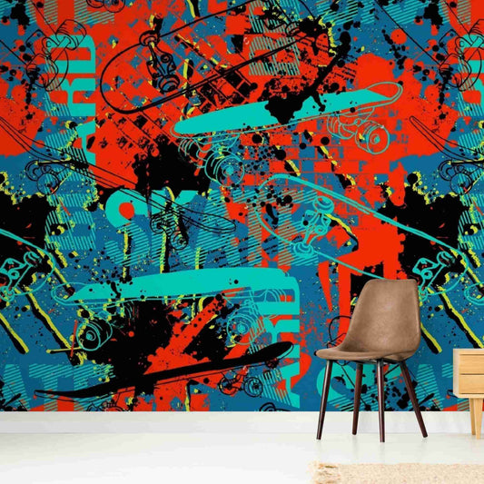 Colorful graffiti wallpaper in modern living room adds a bold and creative touch to the space