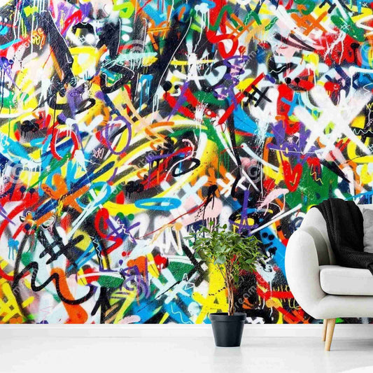 Colorful graffiti wallpaper in modern living room adds a bold and creative touch to the space.