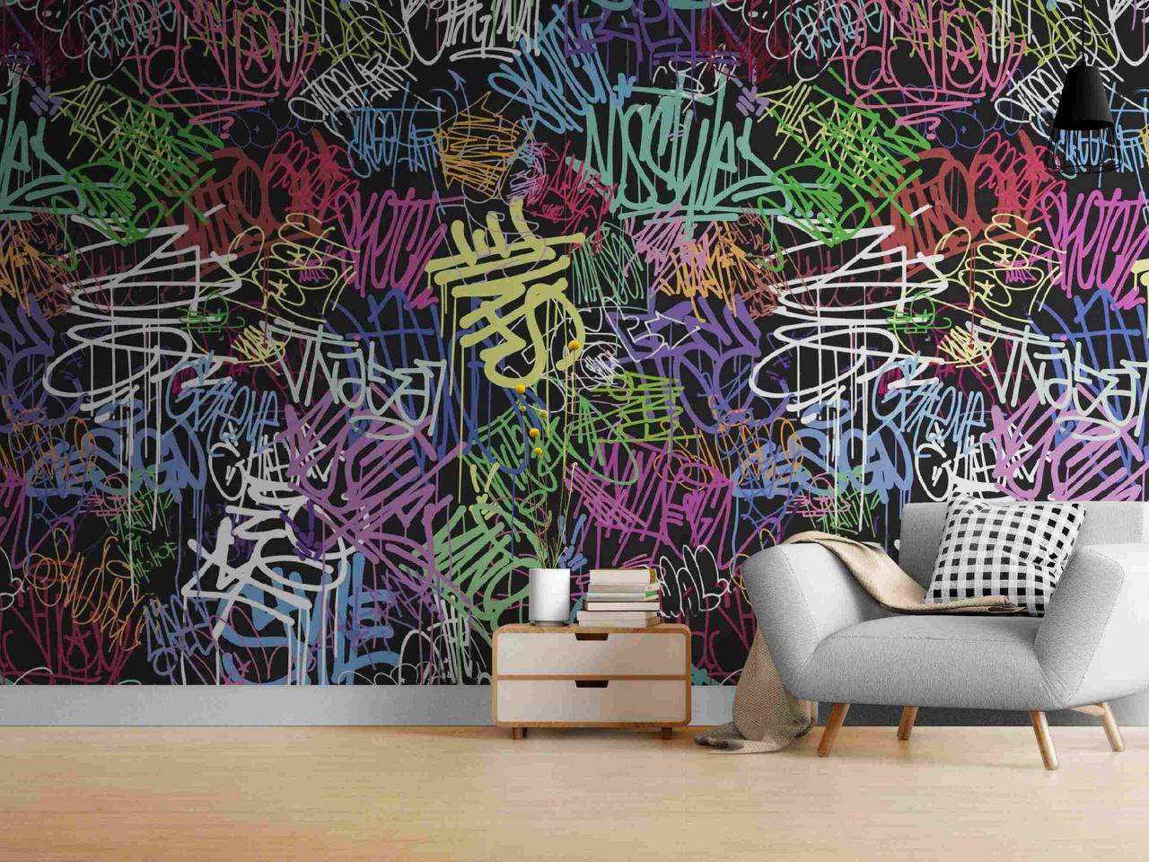 Peel and stick graffiti wallpaper in a living room