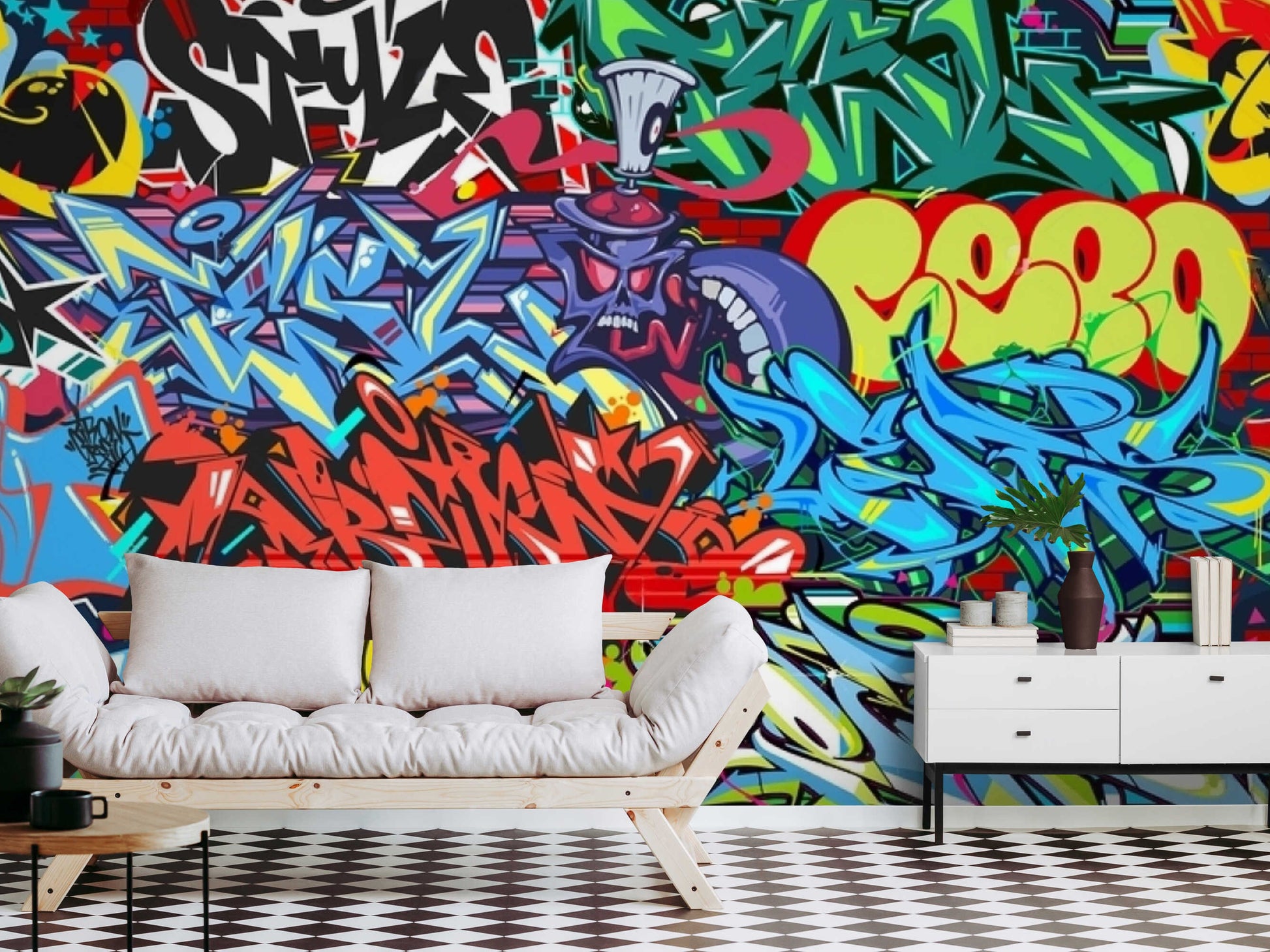 A vibrant and striking wall mural featuring a colorful graffiti design. The mural includes a mix of bright colors and abstract shapes, with a street art-inspired style."  Remember to be descriptive and relevant, and to include keywords that accurately describe the image.