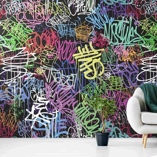 Colorful graffiti wallpaper covering urban wall decoration