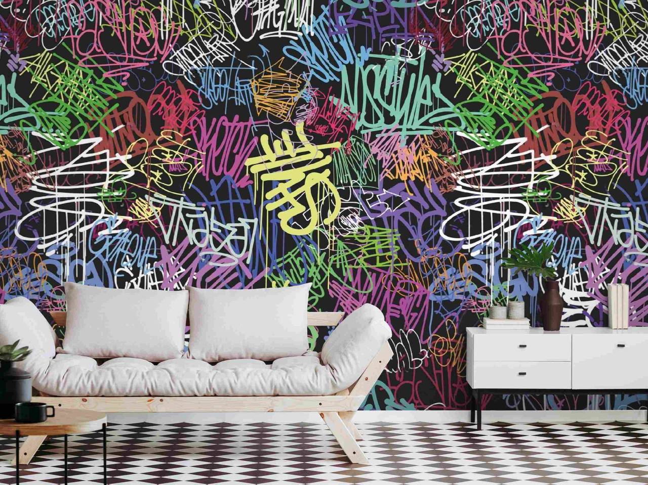 Peel and stick graffiti wallpaper in a bedroom