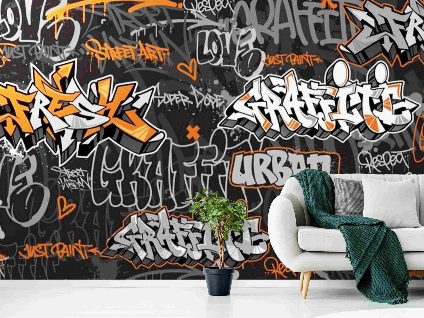  A photo of a wall covered in hip-hop graffiti wallpaper, featuring various colorful and intricate designs and symbols associated with hip-hop culture. The wall design creates a bold and visually striking display, with its mix of bold typography, intricate patterns, and graffiti-style illustrations. The overall effect is a vibrant and dynamic representation of the energy and creativity of hip-hop culture.