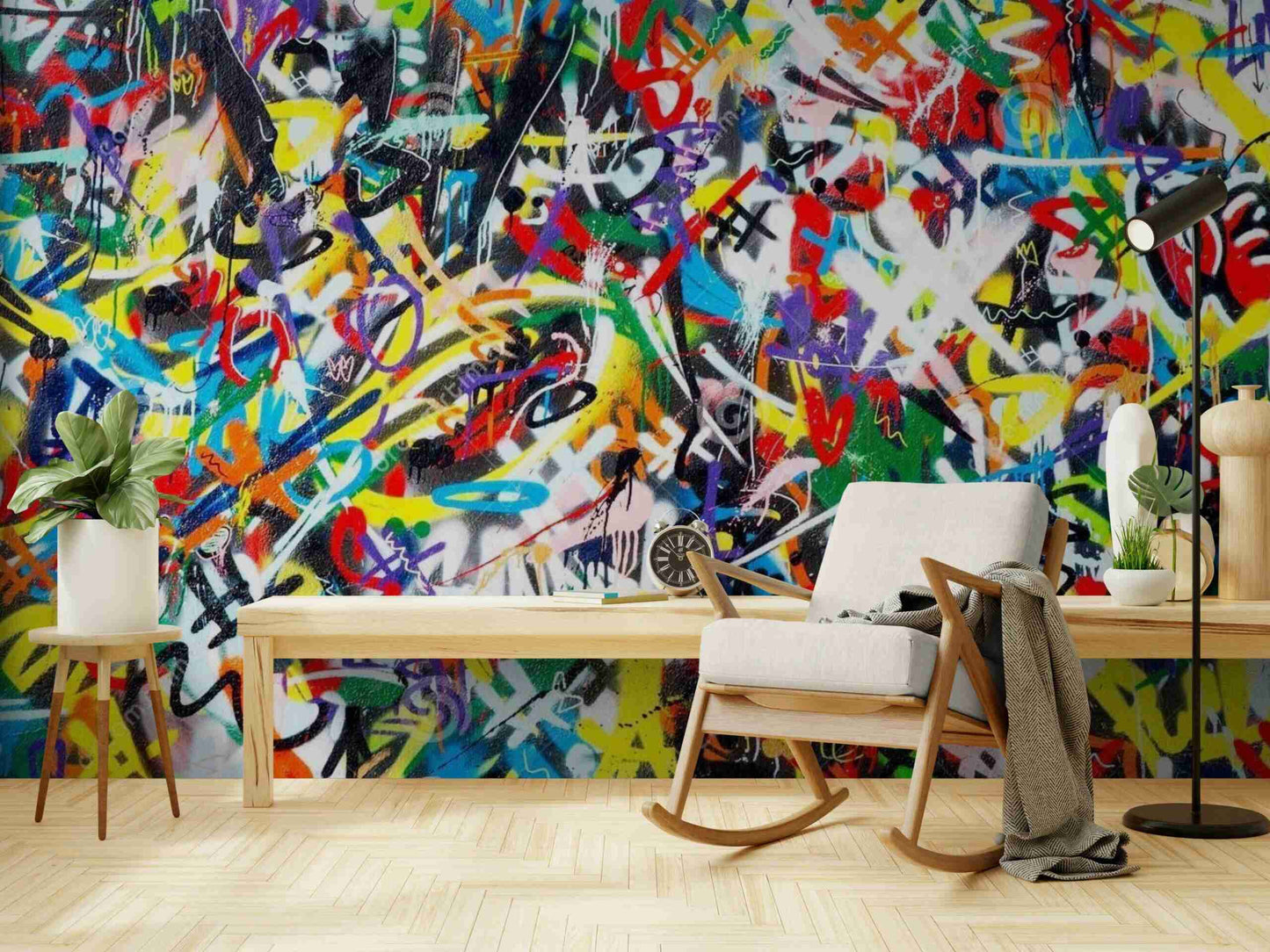 Peel and Stick Graffiti Wallpaper in Urban Street Art Style - Vibrant and Bold Wallpaper Design for Easy Home Decor