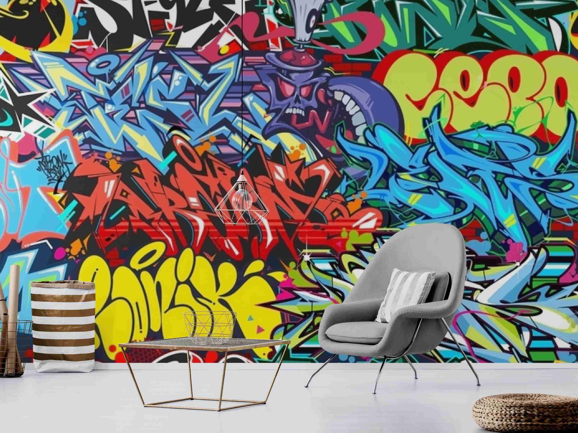 An image of a wallpaper with a graffiti mural design, featuring a colorful and abstract mix of shapes, lines, and lettering in various shades of blue, pink, green, and yellow. The wallpaper is peel and stick, making it easy to install and remove without causing damage or leaving residue on the wall surface. It is ideal for adding a bold and artistic statement to any room, such as a living room, bedroom, or entertainment area, where it can serve as a striking backdrop or accent wall.