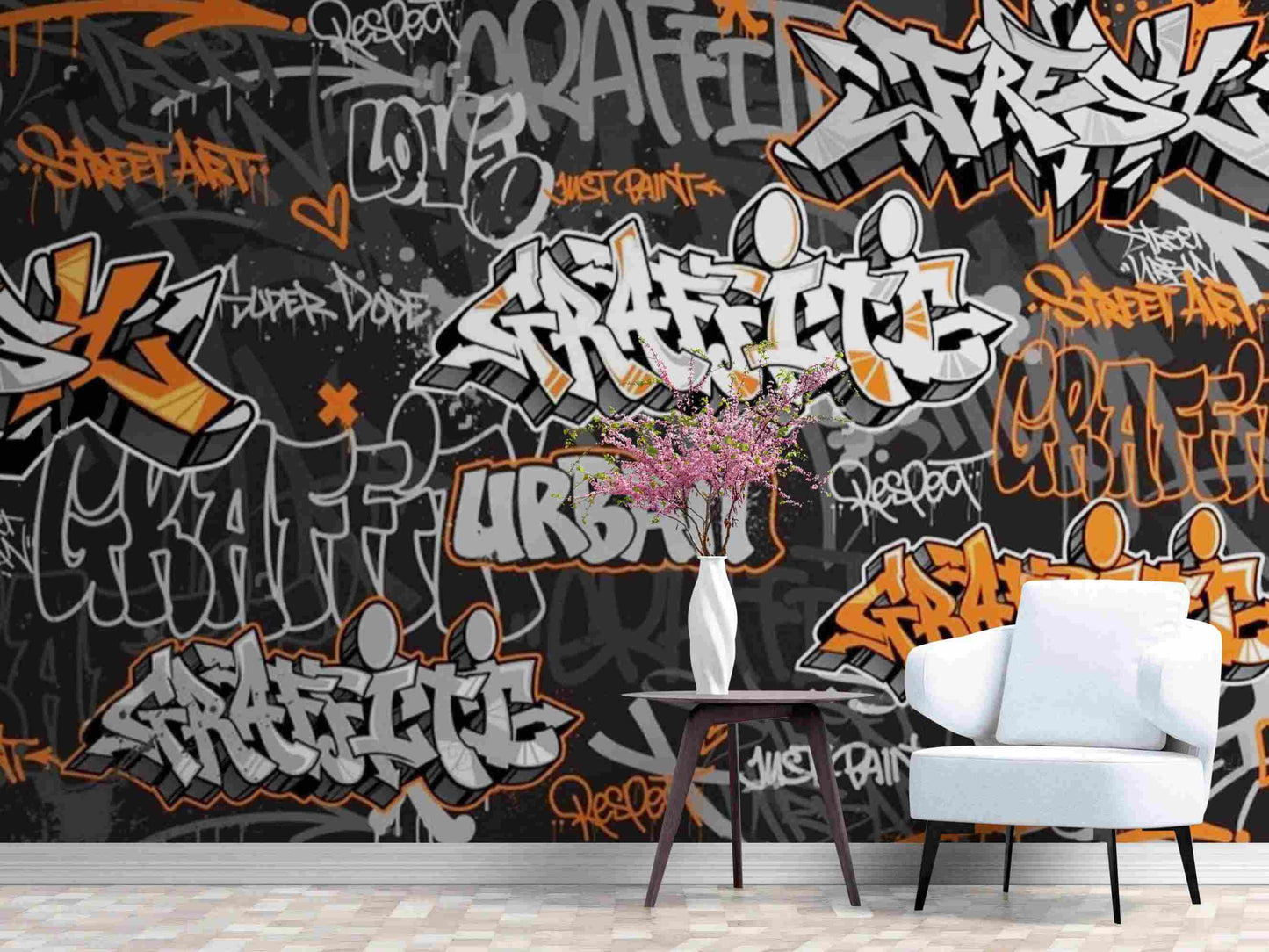 A photo of a wall covered in colorful urban graffiti wallpaper, featuring hip-hop inspired art and designs. The artwork includes bold text, portraits of famous musicians, and various symbols commonly associated with hip-hop culture. The vibrant colors and intricate details of the wall decor create an eye-catching and dynamic display.