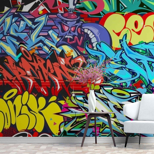 Collection of colorful and abstract wallpaper murals featuring street art-inspired graffiti designs. These murals are a unique way to bring a modern and edgy look to any room in your home, and can be customized to suit your personal taste and style